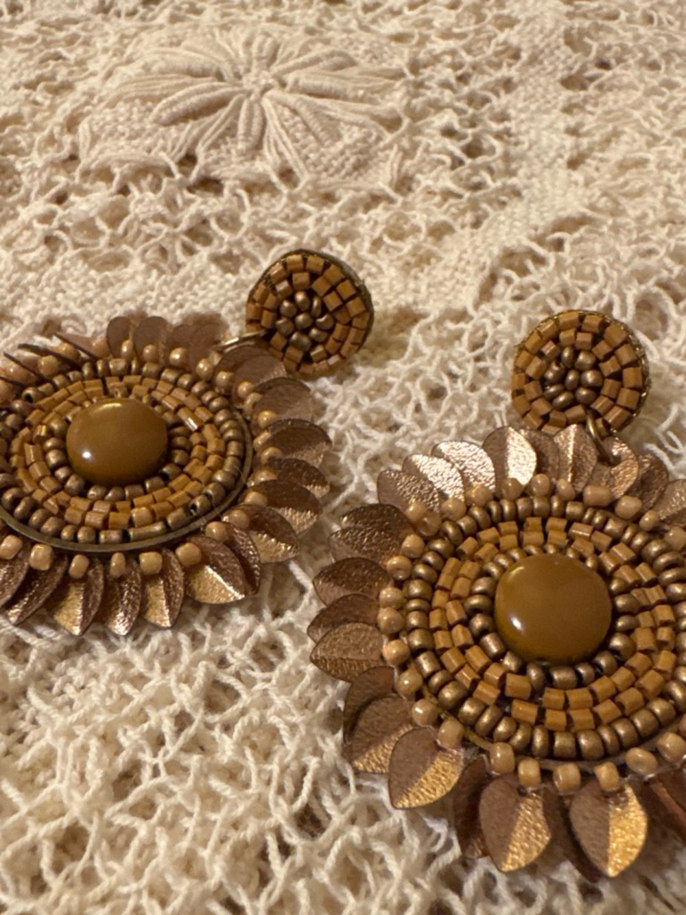 Beaded Floral Statement Earrings in Bronze
